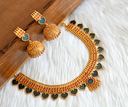 Matte finish red-blue palakka Kerala style necklace set dj-39163