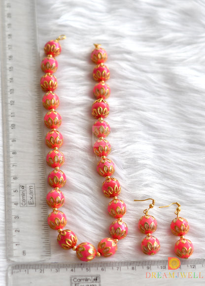 Gold tone pink meenakari Beaded necklace set dj-10192