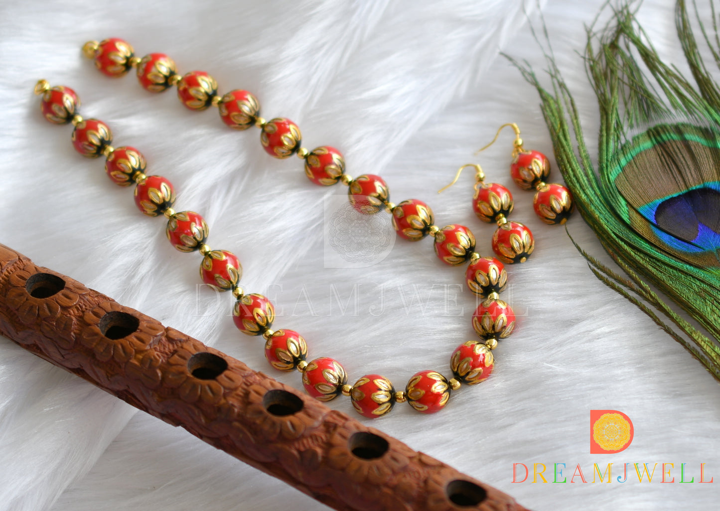 Gold tone handmade red-black meenakari necklace set dj-010150