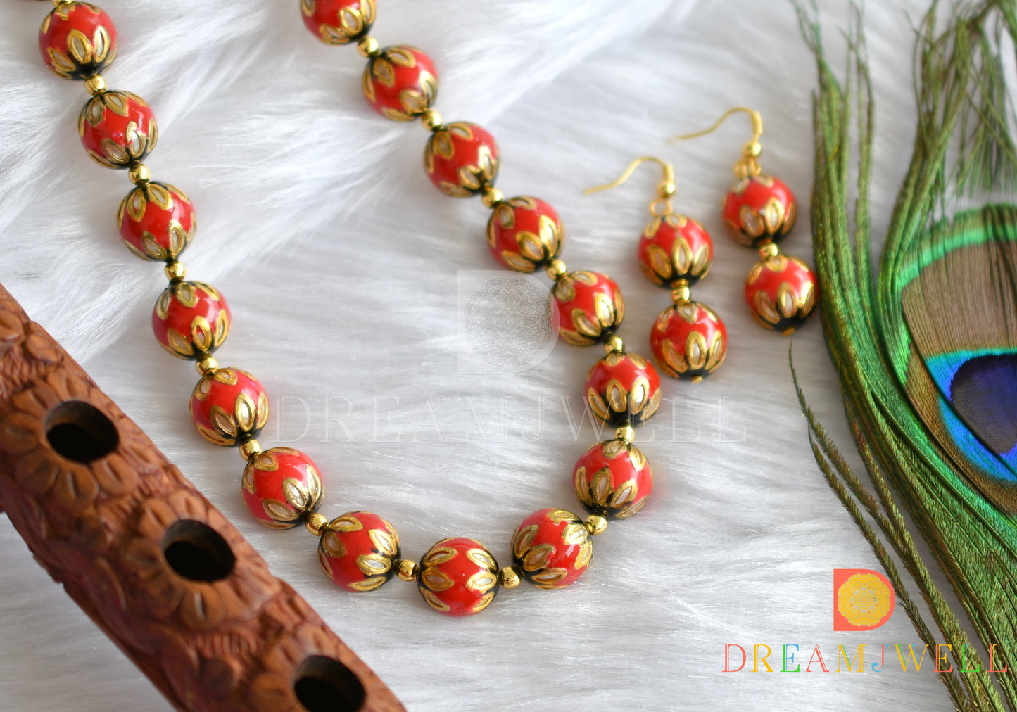 Gold tone handmade red-black meenakari necklace set dj-010150