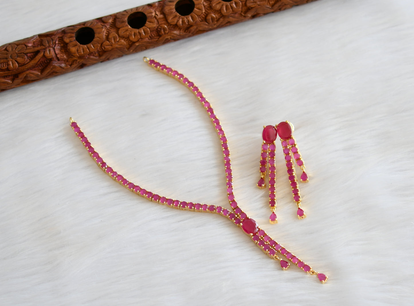 Gold tone cz ruby stone necklace set dj-20906