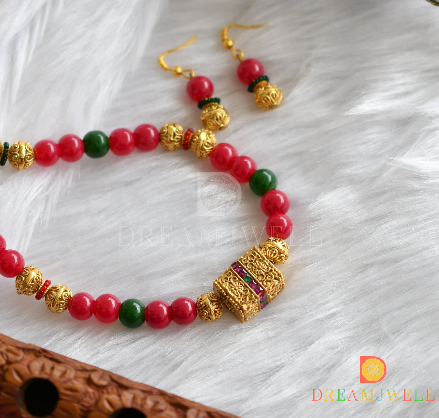 Antique gold tone red-green beaded necklace set dj-10226