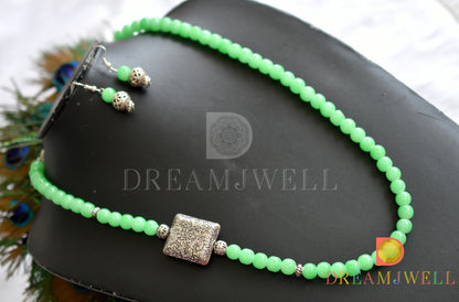 Silver tone green square mugappu beaded neckalce set dj-10629