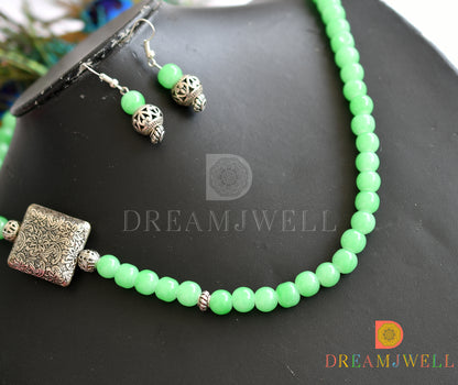 Silver tone green square mugappu beaded neckalce set dj-10629