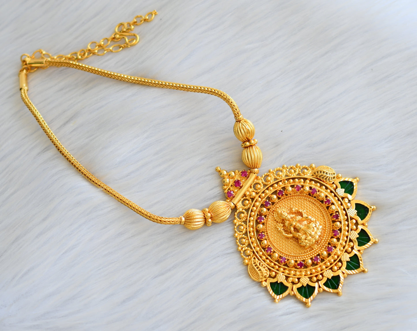 Gold tone pink stone palakka green Lakshmi Kerala style kodi necklace dj-40681