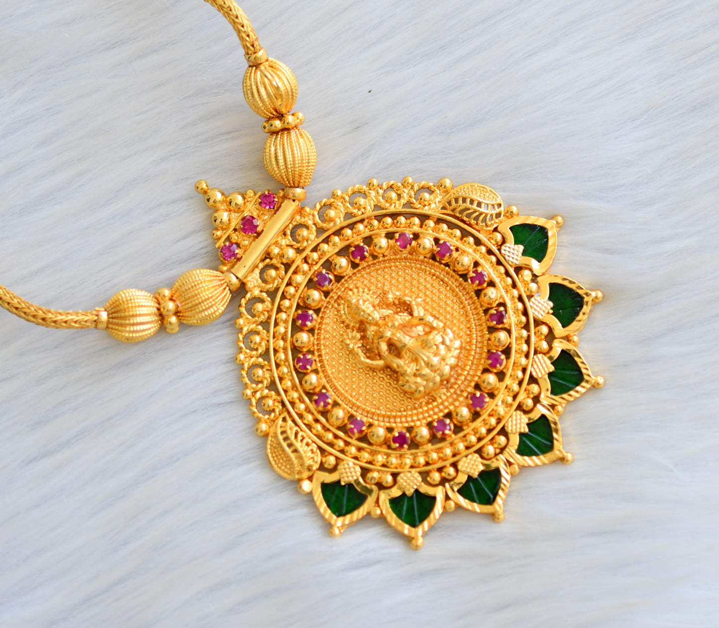 Gold tone pink stone palakka green Lakshmi Kerala style kodi necklace dj-40681