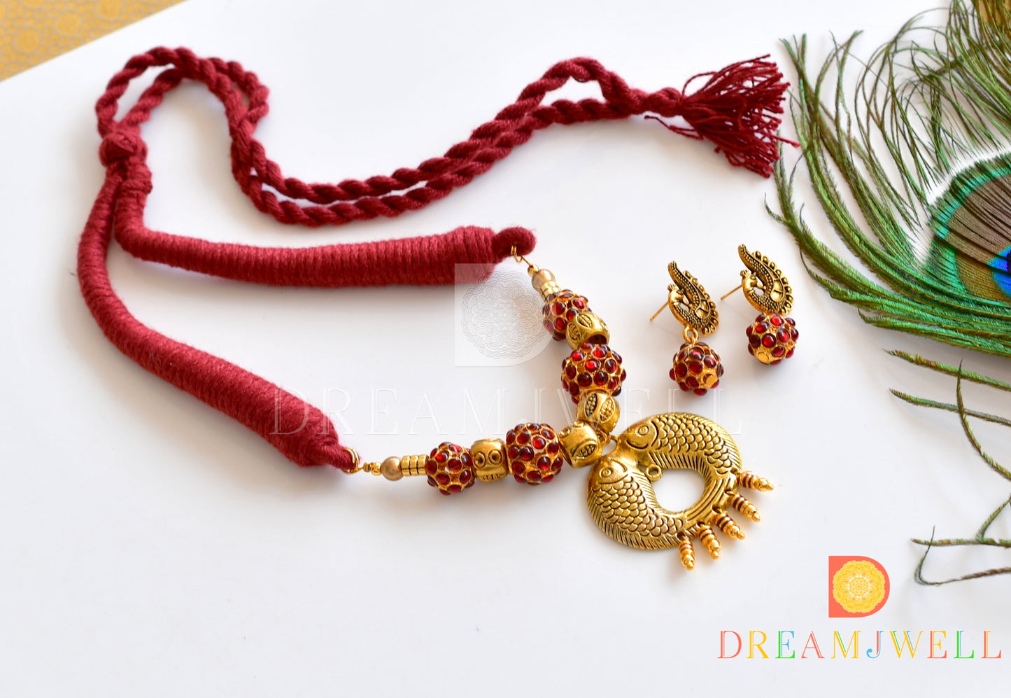 Antique fish pendant kemp rudhra balls necklace set dj-36085