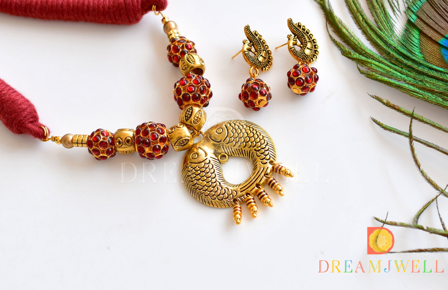 Antique fish pendant kemp rudhra balls necklace set dj-36085