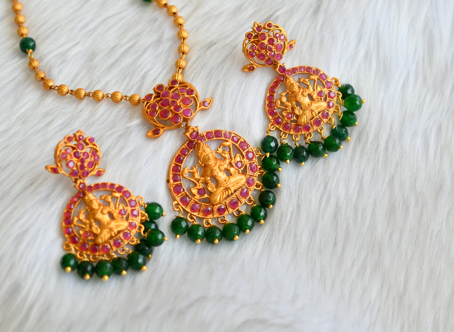 Matte finish red stone green agates Lakshmi necklace set dj-39168