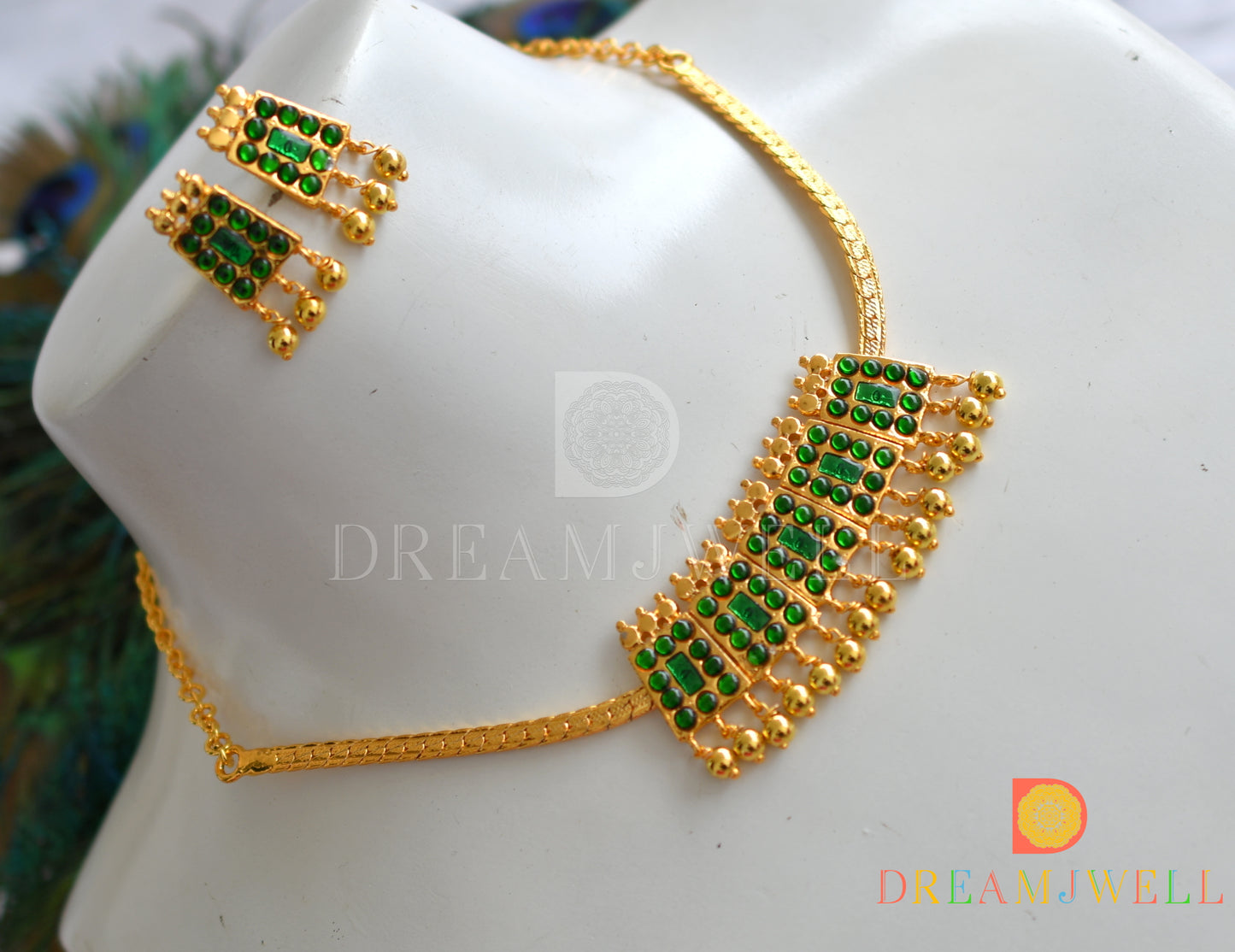 Gold tone green gold beads poothali temple necklace set dj-37572