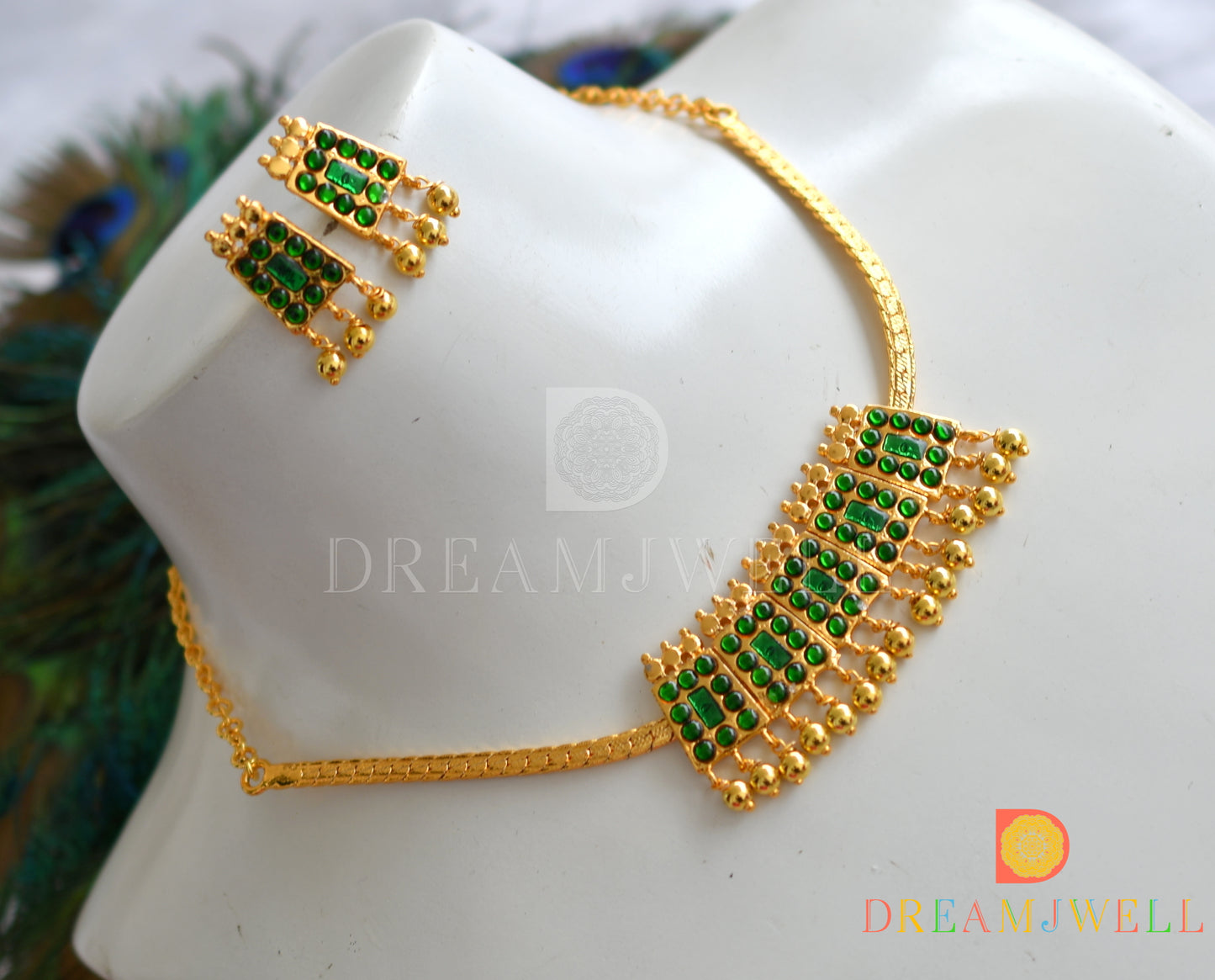 Gold tone green gold beads poothali temple necklace set dj-37572