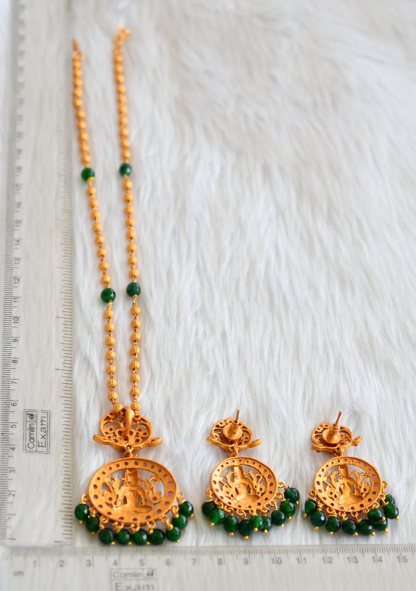 Matte finish red stone green agates Lakshmi necklace set dj-39168