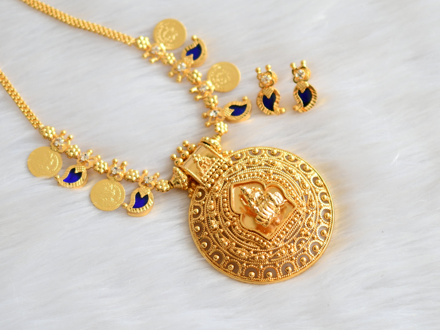 Gold tone kerala style lakshmi blue mango necklace set dj-33036