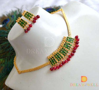 Gold tone green red beads poothali temple necklace set dj-37573