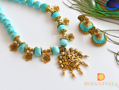 Antique Ganesha pendant sea green silk thread necklace set dj-36078