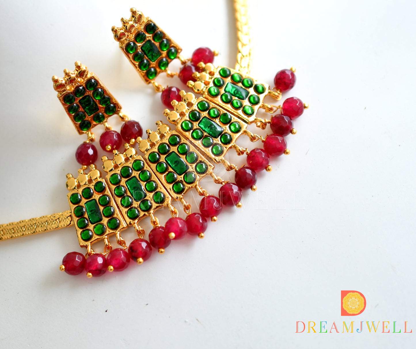 Gold tone green red beads poothali temple necklace set dj-37573