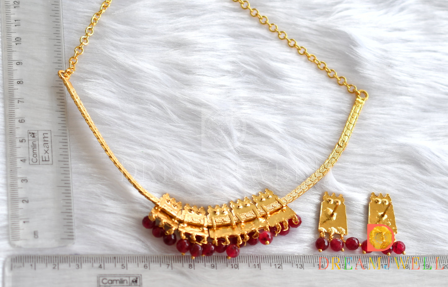 Gold tone green red beads poothali temple necklace set dj-37573