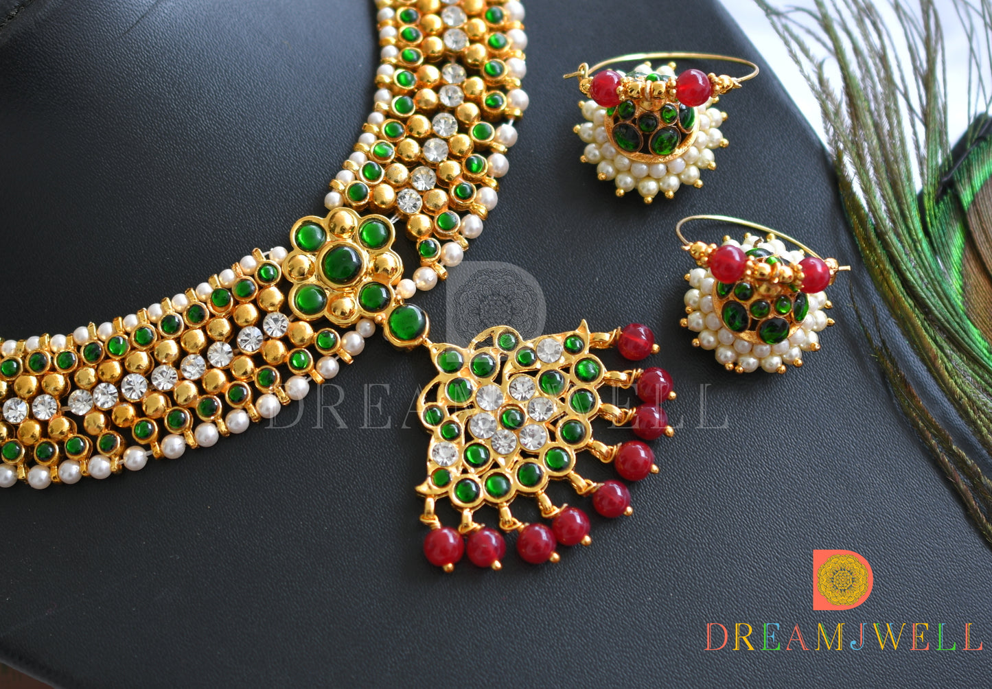 Gold tone white-green stone Red agates necklace set dj-37569