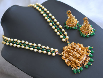 Matte finish kemp-green-white stone pearl-green beads rice pearl ram parivar haar set dj-41996