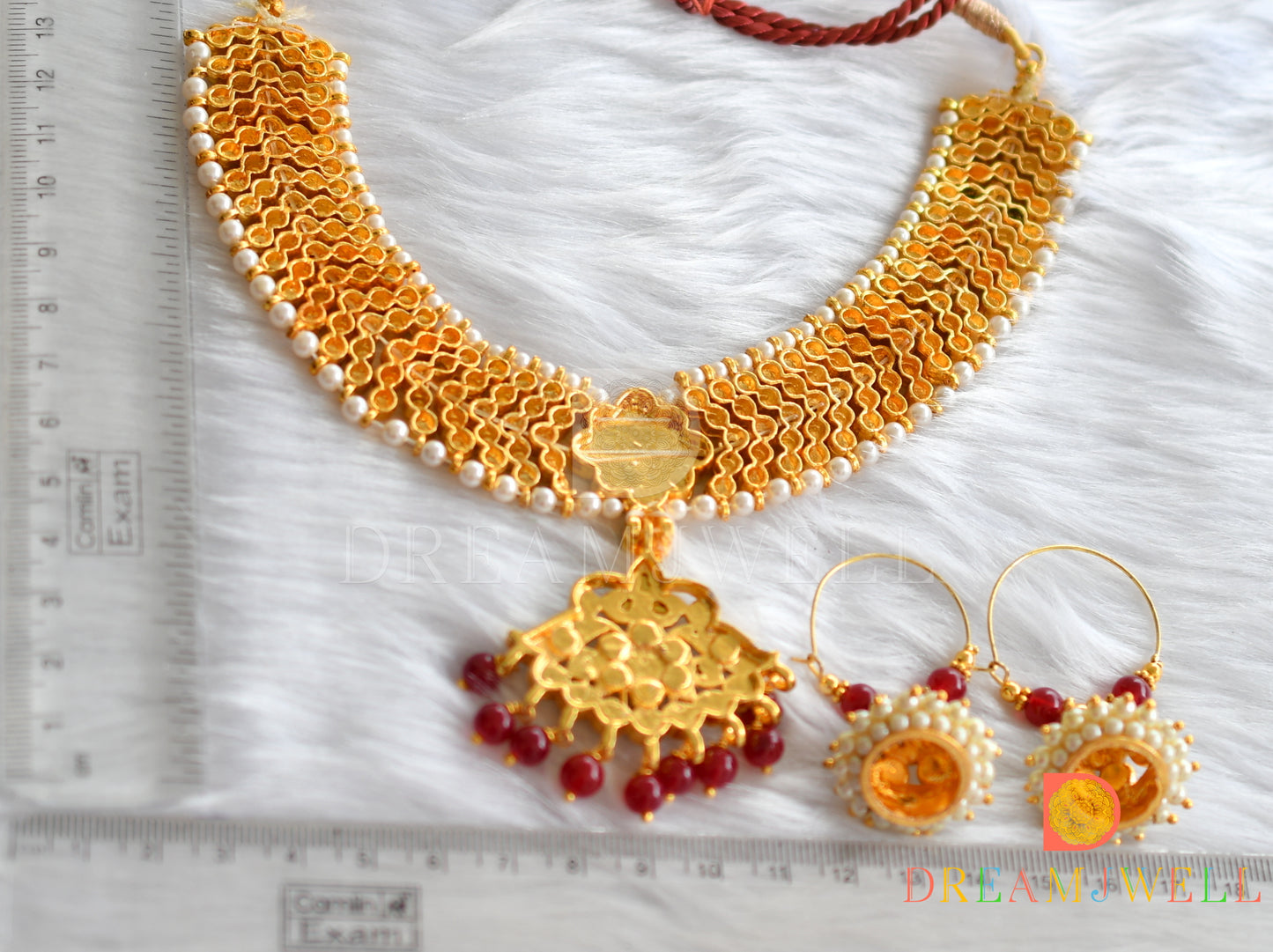 Gold tone white-green stone Red agates necklace set dj-37569
