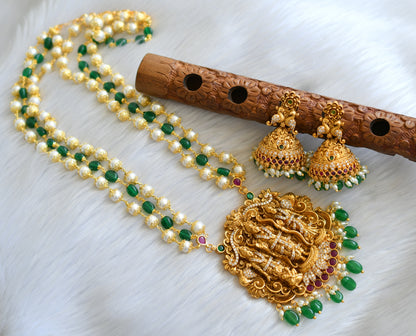 Matte finish kemp-green-white stone pearl-green beads rice pearl ram parivar haar set dj-41996