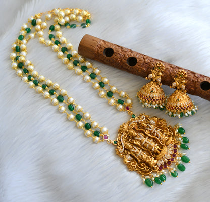 Matte finish kemp-green-white stone pearl-green beads rice pearl ram parivar haar set dj-41996