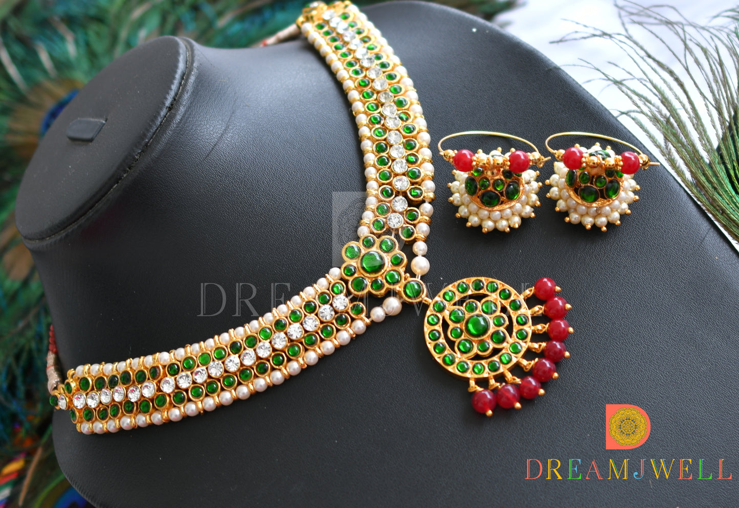 Gold tone white-green stone Red agates necklace set dj-37570
