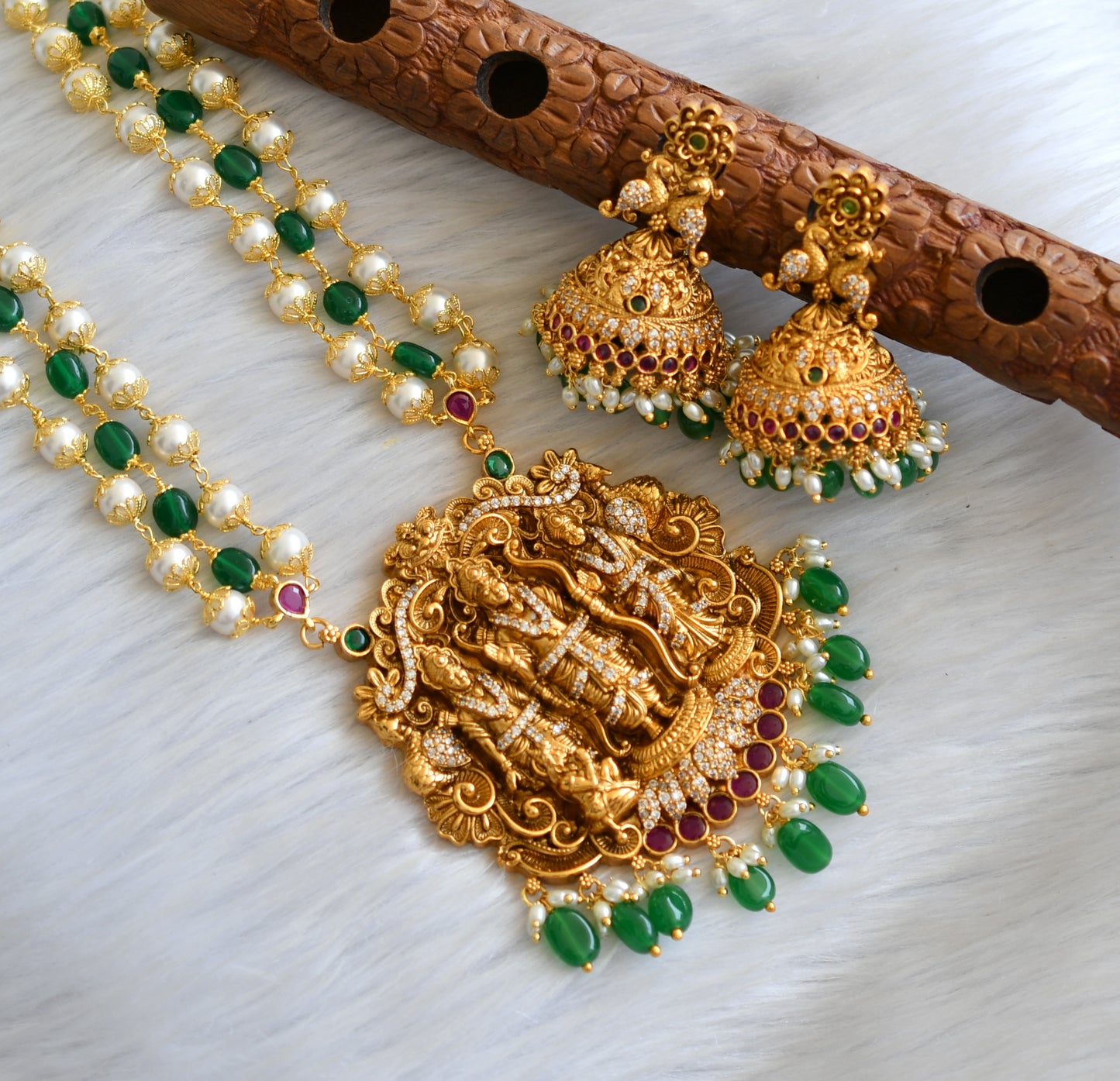 Matte finish kemp-green-white stone pearl-green beads rice pearl ram parivar haar set dj-41996