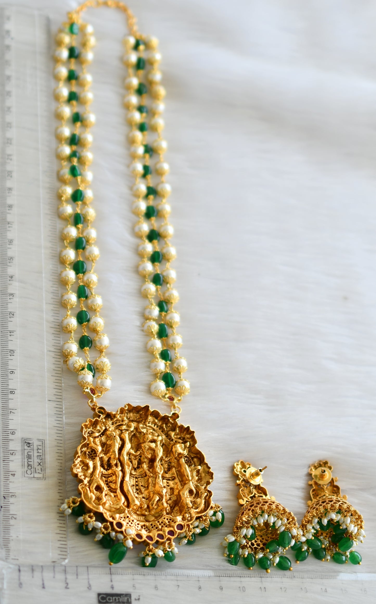 Matte finish kemp-green-white stone pearl-green beads rice pearl ram parivar haar set dj-41996