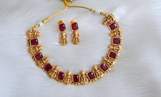 Antique ruby block stone lakshmi necklace set dj-34976