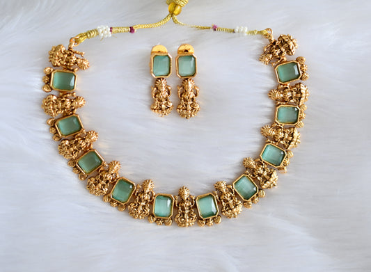Antique sea green block stone lakshmi necklace set dj-34979