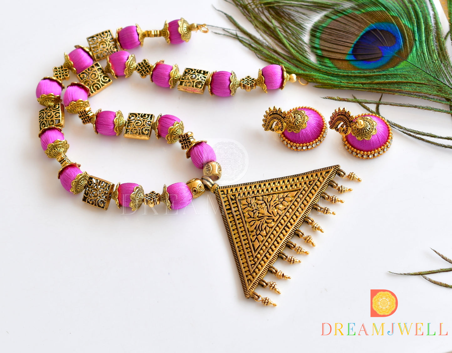 Antique pink Silk thread necklace set dj-36082