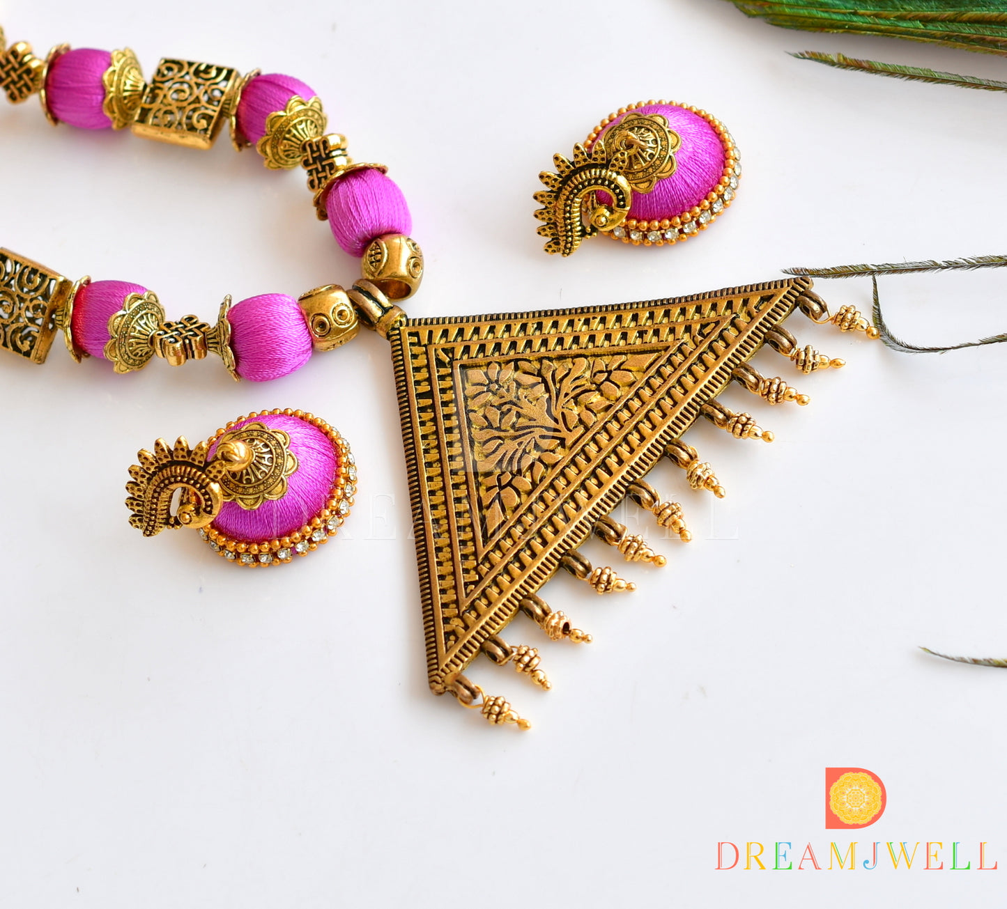 Antique pink Silk thread necklace set dj-36082