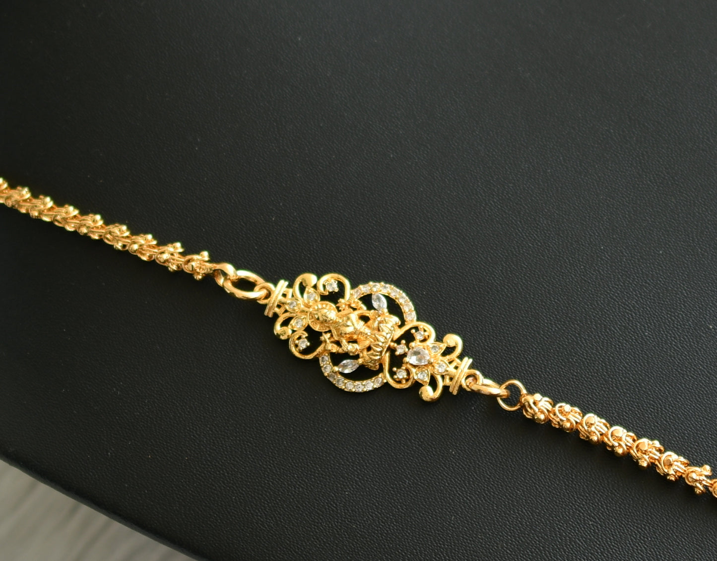 Gold tone white stone Lakshmi mugappu chain dj-41951