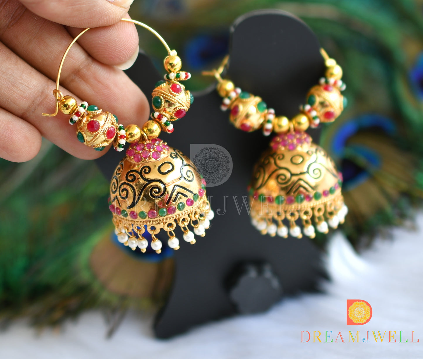 Antique gold tone ruby-emerald hoop Jhumkka dj-37597