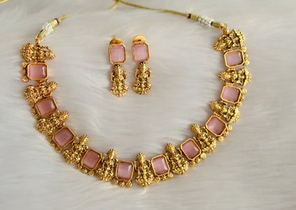 Antique baby pink block stone lakshmi necklace set dj-34978