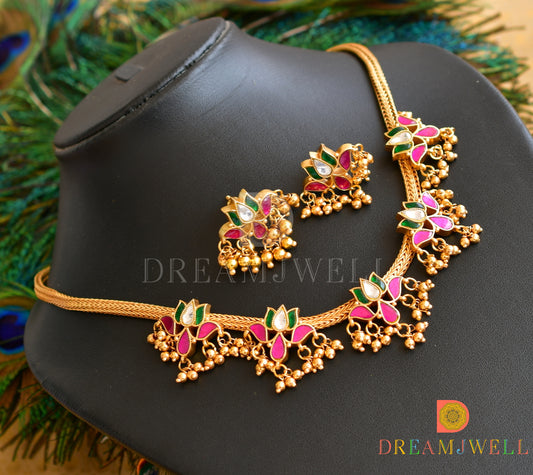 Gold tone kundan jadau lotus designer necklace set dj-34146