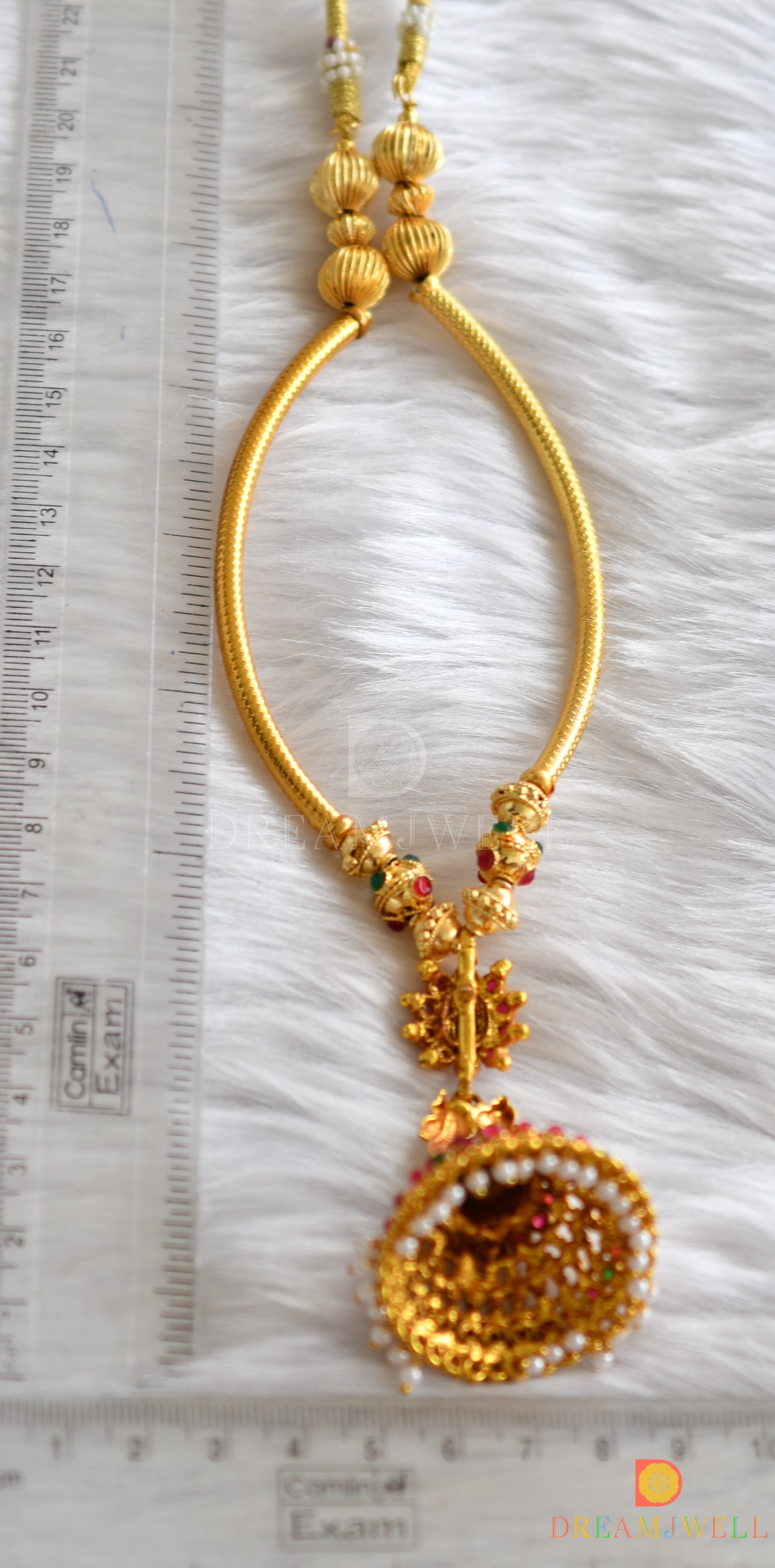 Antique gold tone handmade kemp-green jhumkka pendant necklace dj-04281