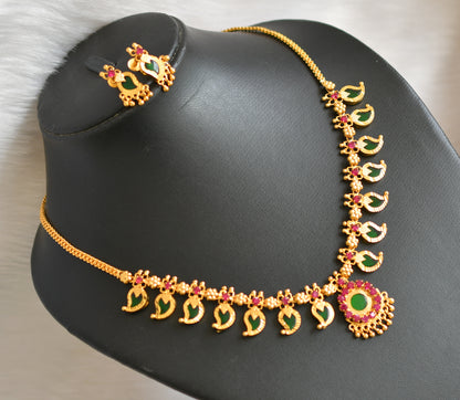 Gold tone pink-green 7 petal mango necklace set dj-34086