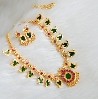 Gold tone pink-green 7 petal mango necklace set dj-34086