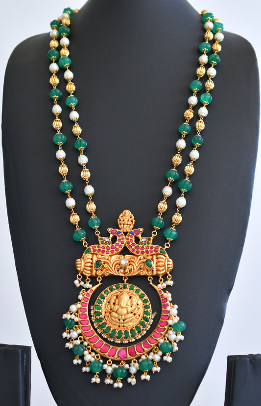 Antique gold look alike kundan jadau pink-green ganesha rani haar dj-34443