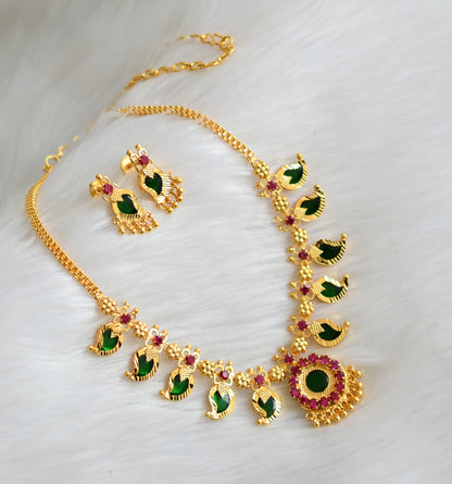 Gold tone pink-green 5 petal mango necklace set dj-34084