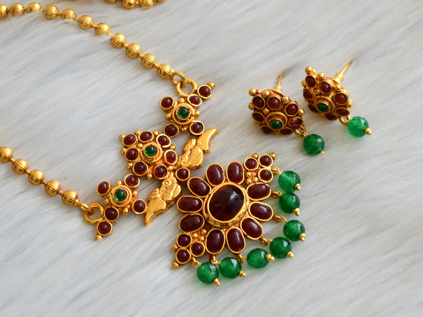 Antique maroon-green agates beads peacock necklace set dj-41970