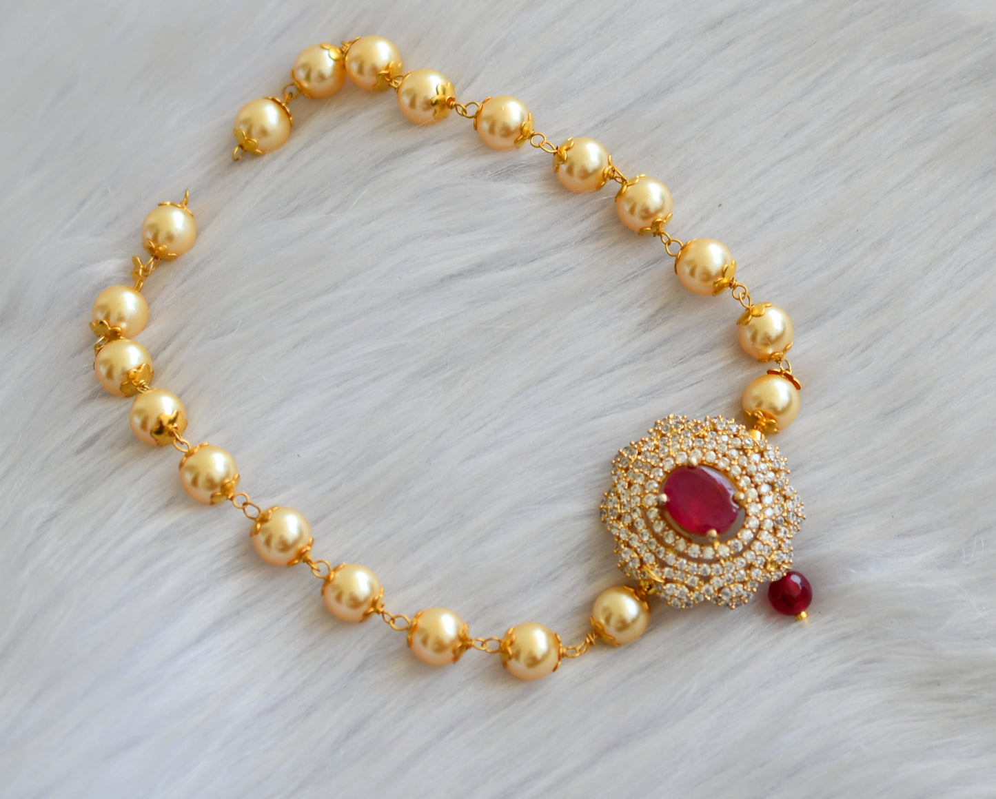 Gold tone cz ruby-white stone pearl beads choker necklace dj-41973