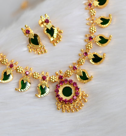 Gold tone pink-green 9 petal mango necklace set dj-34088
