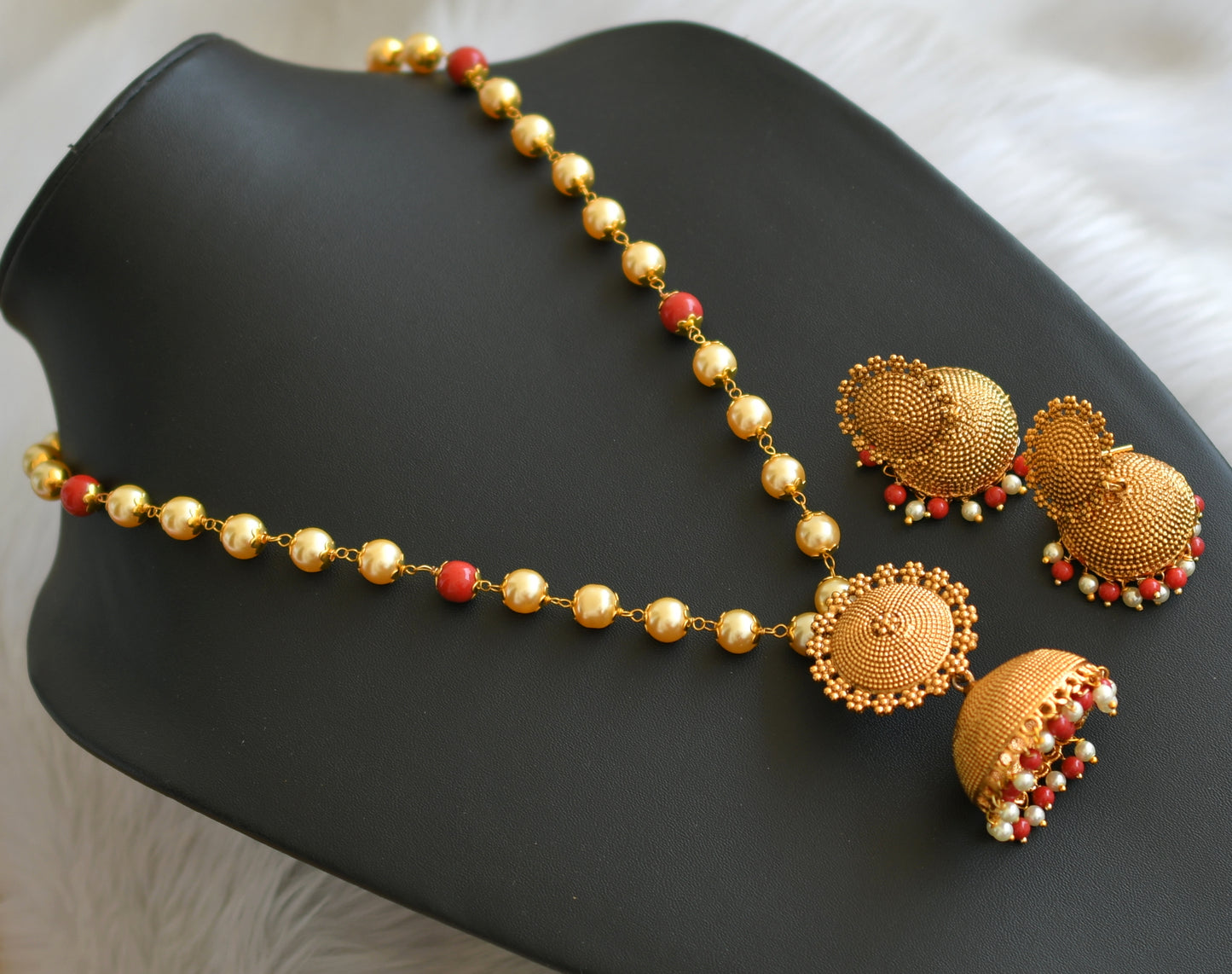 Antique gold tone pearl-coral beads jhumkka necklace set dj-41971