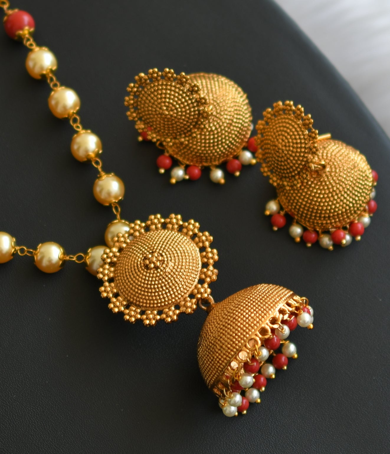 Antique gold tone pearl-coral beads jhumkka necklace set dj-41971