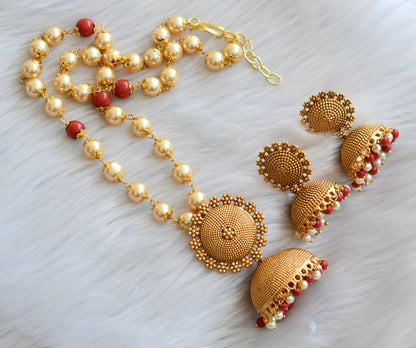 Antique gold tone pearl-coral beads jhumkka necklace set dj-41971