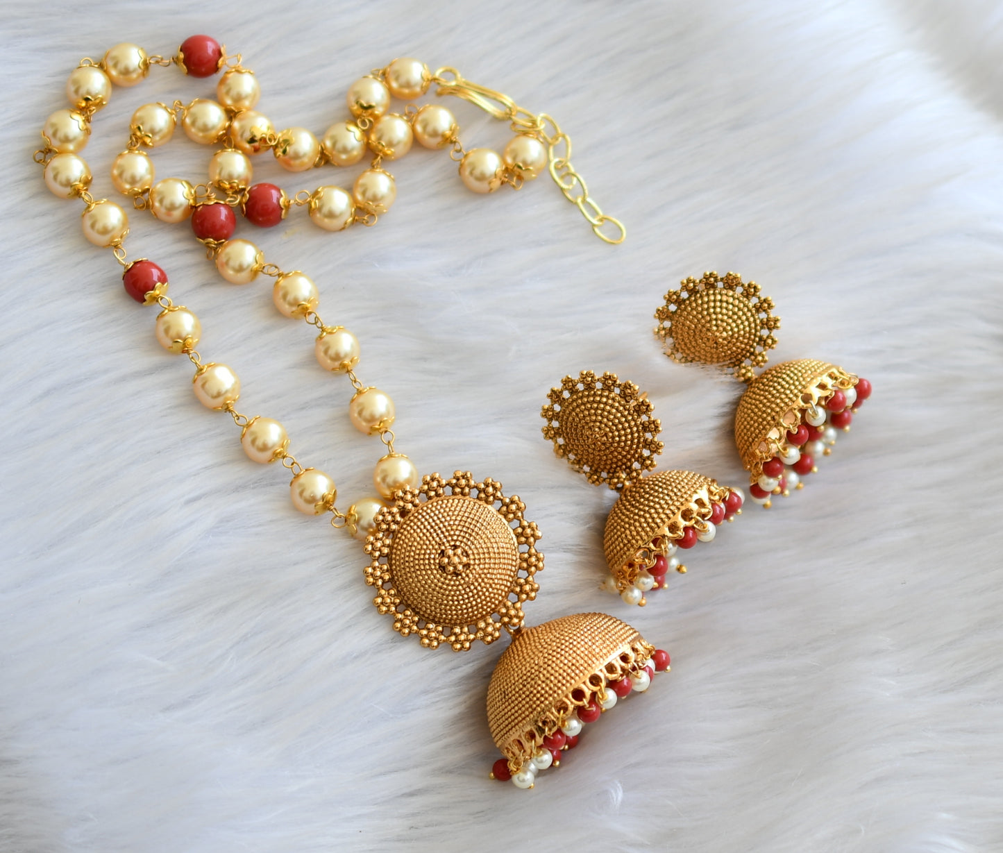 Antique gold tone pearl-coral beads jhumkka necklace set dj-41971