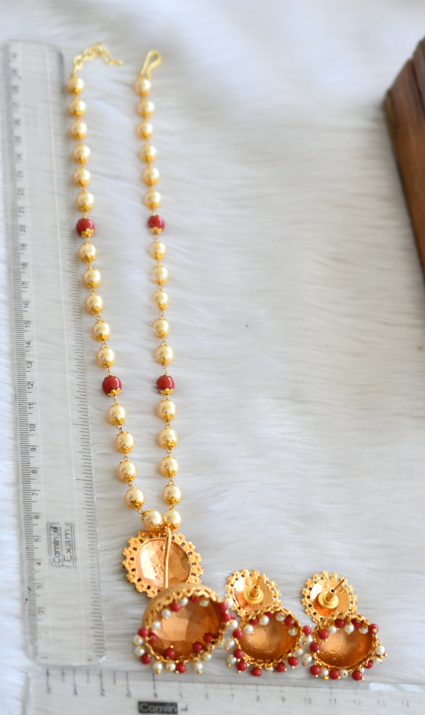 Antique gold tone pearl-coral beads jhumkka necklace set dj-41971